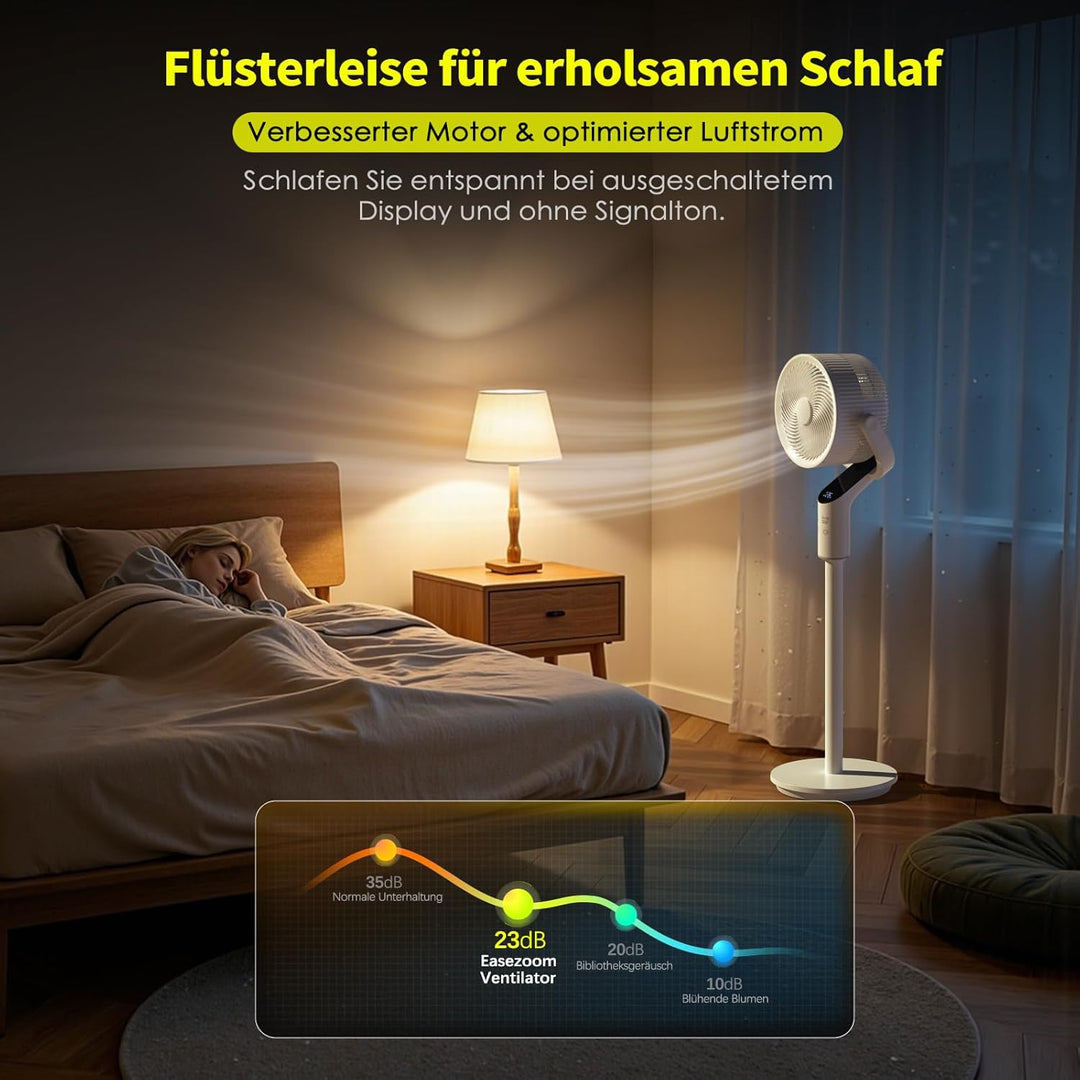 Standventilator sehr leise, 20 dB Ventilator leise mit 80°+100° oszillierend, 58–106 cm Höhenverstel