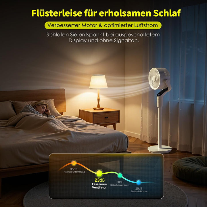 Standventilator sehr leise, 20 dB Ventilator leise mit 80°+100° oszillierend, 58–106 cm Höhenverstel