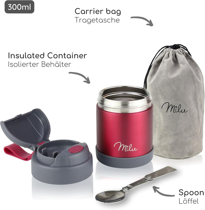 Milu® Thermobehälter für Essen 300ml, Edelstahl Warmhaltebehälter mit Löffel, Thermobecher 100% Ausl