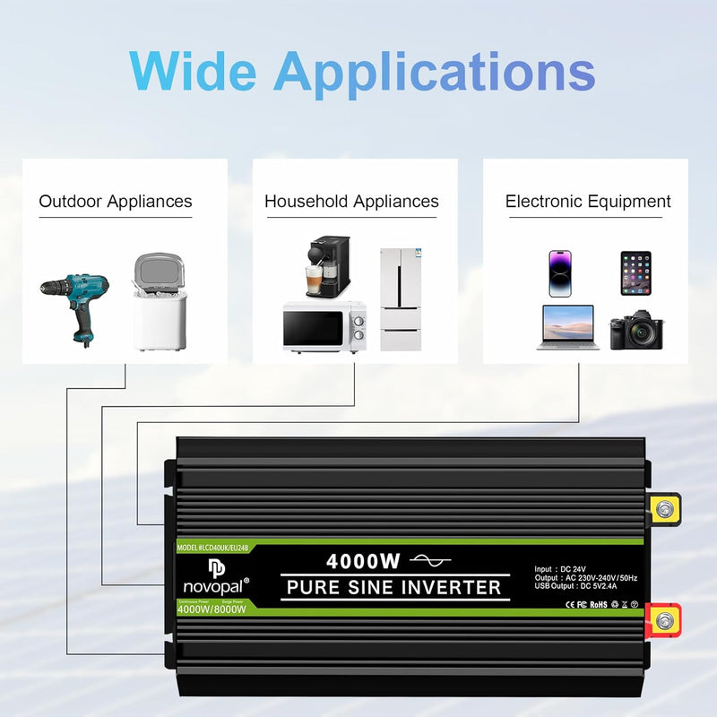 NOVOPAL 4000W KFZ Reiner Sinus Wechselrichter Spannungswandler 24V 230V mit LCD Display und 2 EU Ste