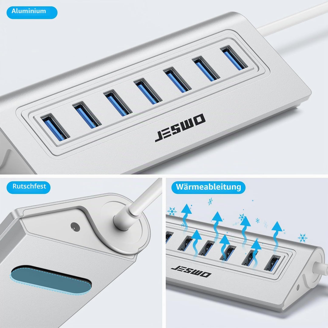 USB Hub 3.0 7-Port, Aluminium USB Verteiler Adapter mit Mehrfach USB 3.0 5Gbit/s, 100cm Langkabel un