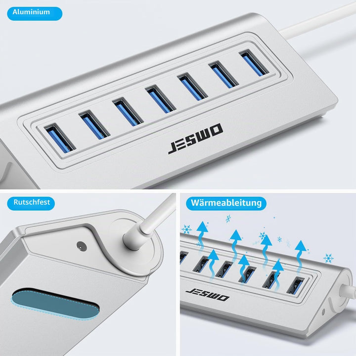 USB Hub 3.0 7-Port, Aluminium USB Verteiler Adapter mit Mehrfach USB 3.0 5Gbit/s, 100cm Langkabel un