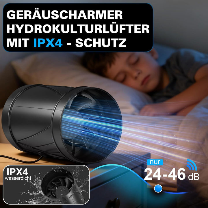 Regelbar Rohrventilator 100mm, 222 m³/h Rohrlüfter Inline Abluftventilator mit Drehzahlregler, EC Mo