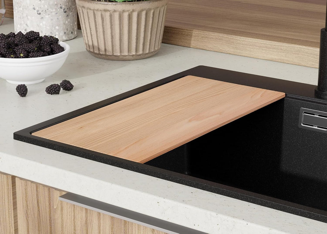 Spülbecken Schwarz 78x50cm, Granitspüle 1,5 Becken + Ablauf-Set + Schneidebrett, Küchenspüle ab 80er