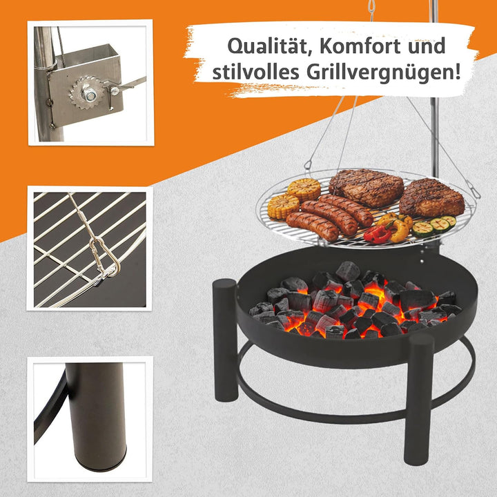 NATIV Lemodo Feuerschale mit Grillrost - Dreibein-Schwenkgrill - Dreifuss-Grill mit Kurbel zur Höhen