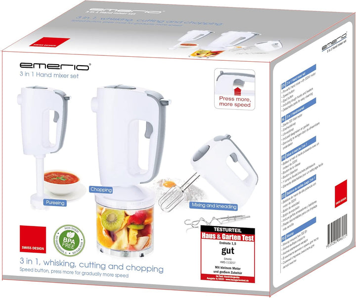 Emerio Handmixer-Set mit revolutionärem 1-Finger-Speed-Control, Quirl Mixer Zerkleinerer, 3in1, kind