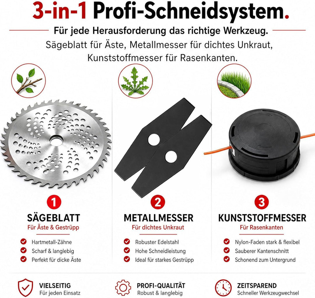 Rasentrimmer mit Akku, Akku Rasentrimmer 21V mit Unkrautbürste, 2X4.0Ah Akku Freischneider, Tap&Go M