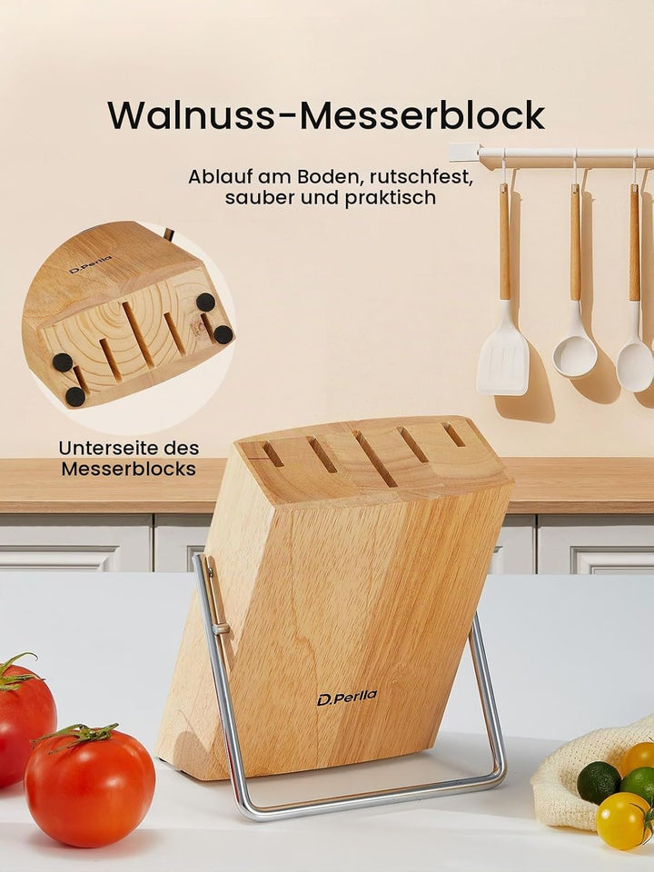 D.Perlla Messerblock Set 6 teilig Messerset mit Holzblock Küchenmesser Set mit Scharfe Klingen, Edel