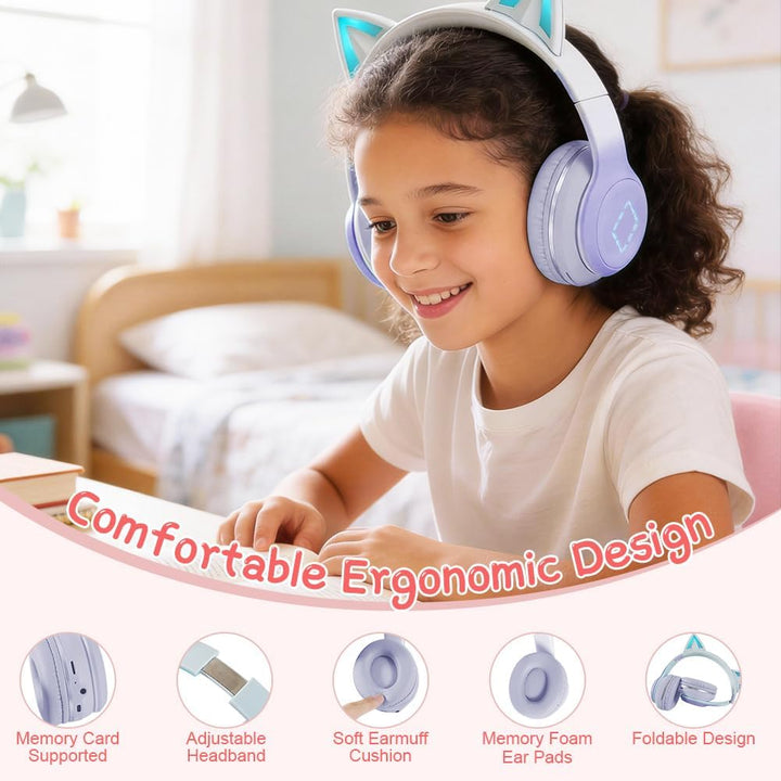 Kinder Bluetooth Kopfhörer, Katzenohr LED Lichter, Bluetooth 5.3 Stereo, Verstellbares Kopfband, 85d