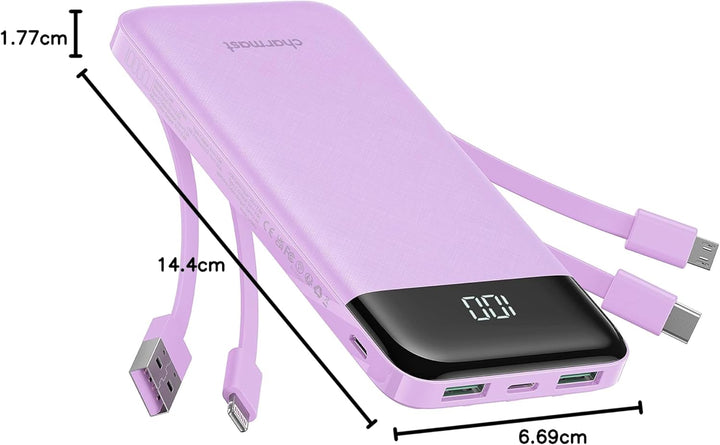 Charmast Externer Akku, 10.000 mAh, mit 4 integrierten Kabeln, tragbarer Akku, USB C, dünn, Powerban