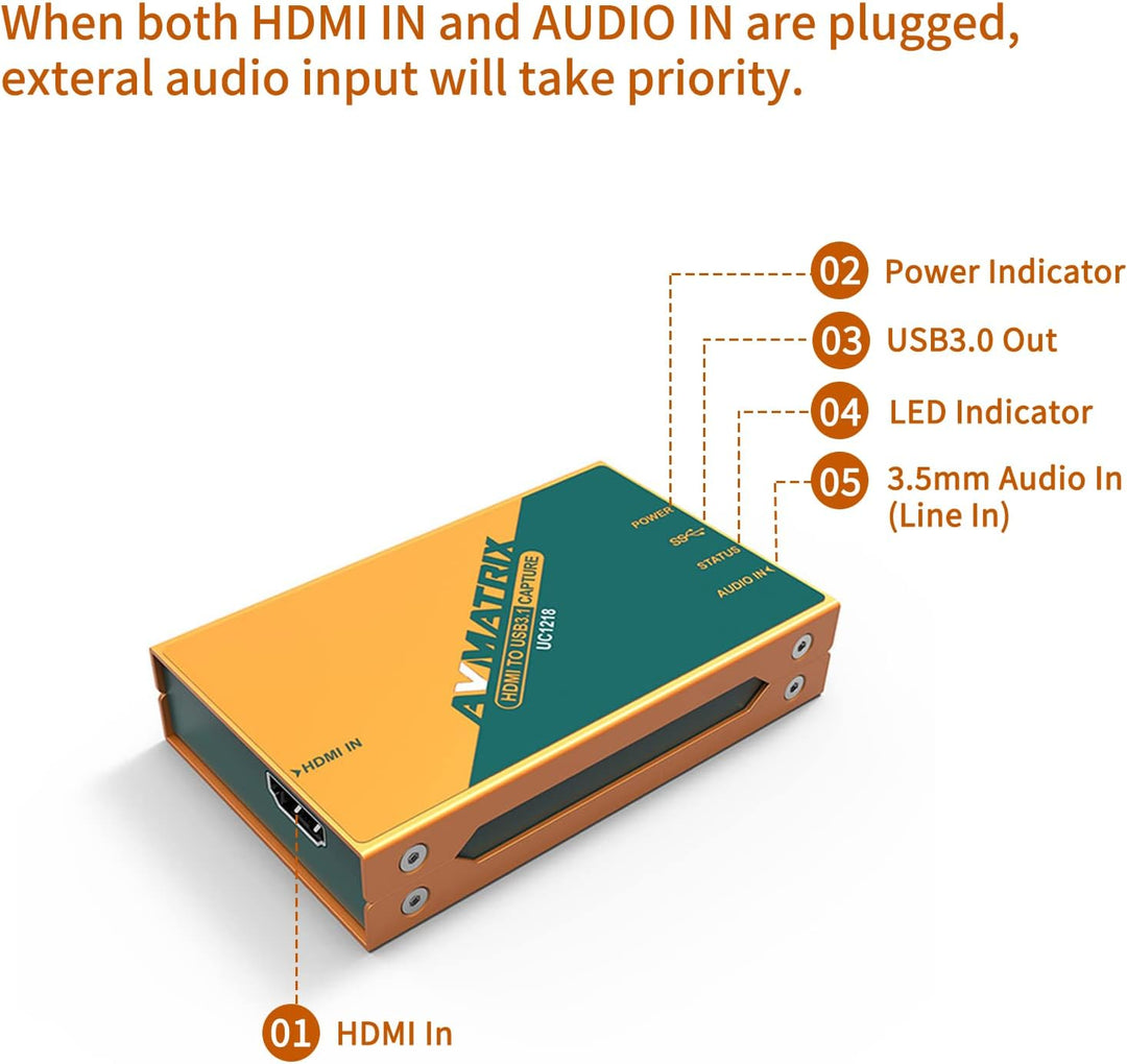 AVMatrix UC1218 Game SDI/HDMI to USB3.1 Gen1(USB3.0) Capture cam Link Card 1080p 60fps Live Streamin