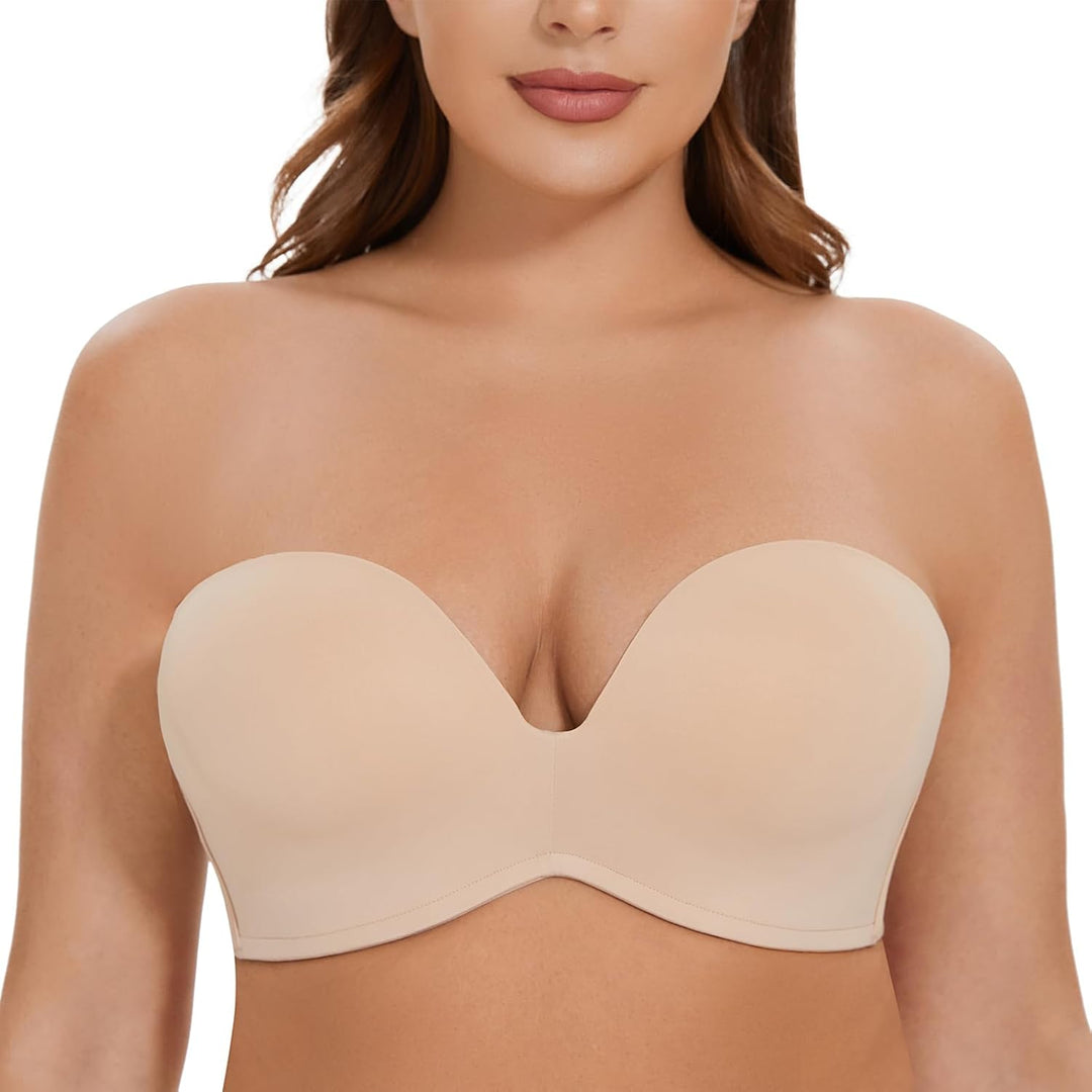 MELENECA Damen Ohne Bügel Gepolstert Anti-Rutsch Push Up Trägerloser BH 70B Beige, 70B Beige