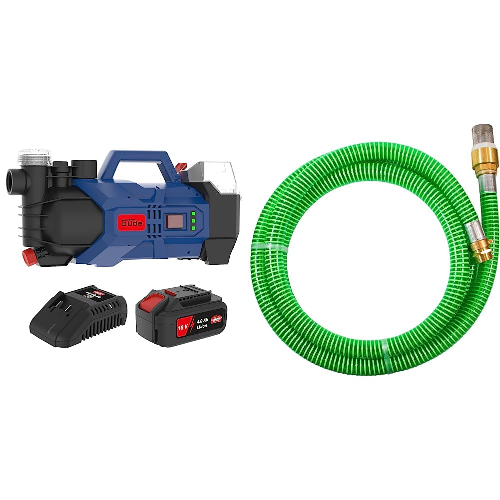 Güde GP 18-401-30 Akku Gartenpumpe, 72 W, 18 V, Blau &amp; 94440 Sauggarnitur KA 4P (Spiral-Ansaugschlau