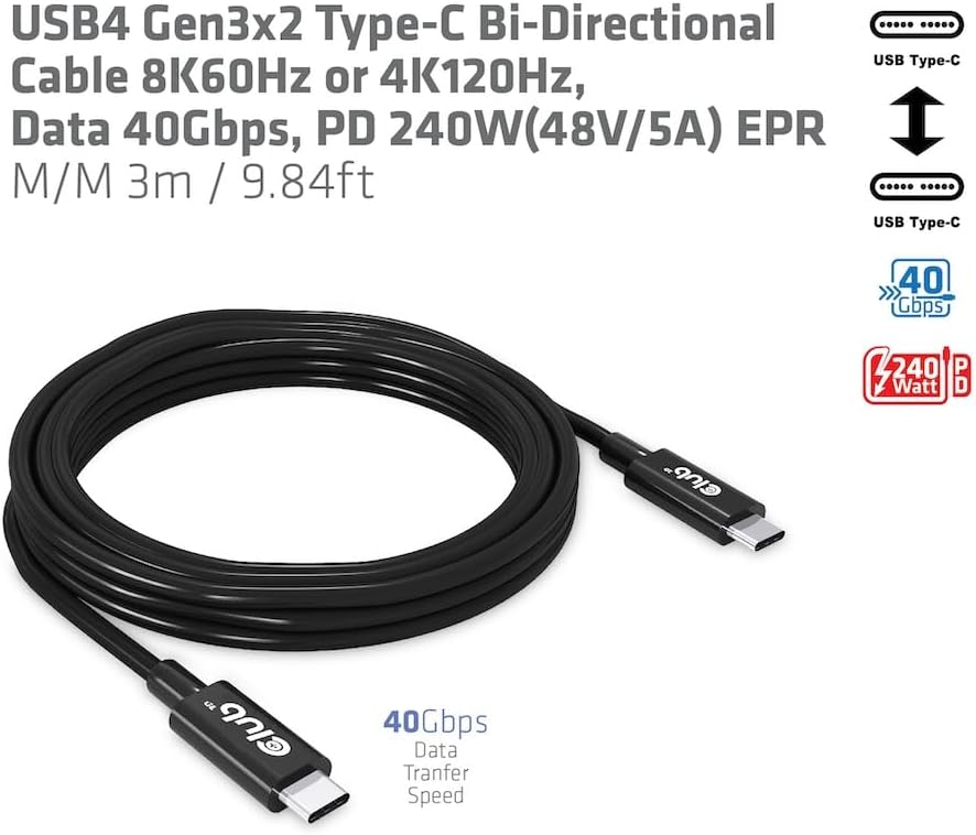 Club3D CAC-1579 USB4 Gen3x2 Type-C Bi-Direktionale Kabel 8K60Hz oder 4K120Hz, Data 40Gbps, PD 240W(4