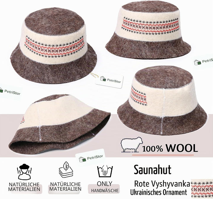 PetriStor Ukrainischer Saunahut aus Wolle für Damen und Herren, ukrainisches Ornament, rot, Vyshyvan