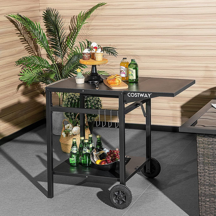 COSTWAY Grilltisch mit klappbarer Tischplatte, Beweglicher Campingtisch mit 2 Ablagen &amp; 4 Haken, Met