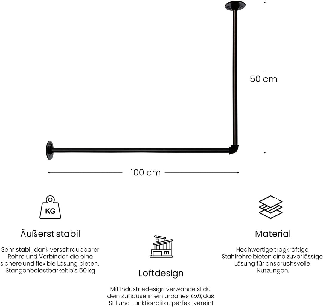 RSR Hangers Kleiderstange Garderobe Industrie Design für Ecke Wand Decke L-Form | Breite 100 cm x Hö
