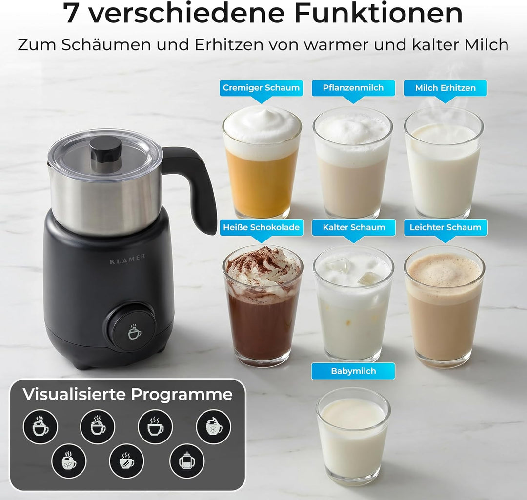 KLAMER Milchaufschäumer Elektrisch 550W, Milchschäumer mit Display & 7 Programmen: Aufschäumen Warm