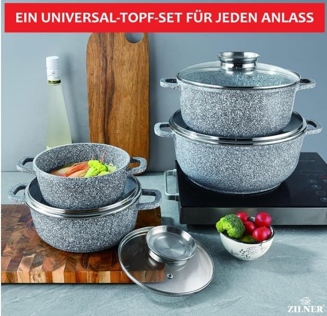 Topfset Induktion 8-Teilig mit Glasdeckel | Kochtopf Set 4 Töpfen aus Aluminiumguss | 4x Kochtöpfe Ø