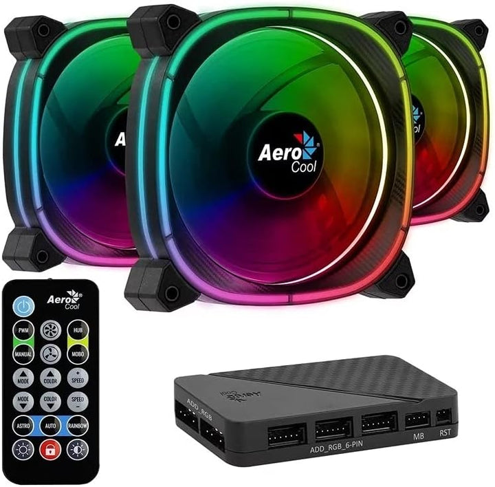 Aerocool Astro 12 Pro Bundle – 3x ARGB Fans 120mm, 1x H66F RGB Hub, Omni ARGB Lighting and 18 LEDs,