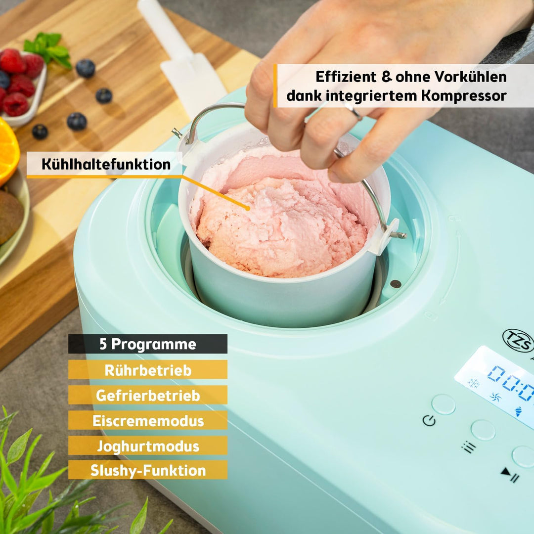 TZS First Austria - Eismaschine 1L mit Kompressor 3 in 1 - Ice Cream Maker 100W selbstkühlend für Fr