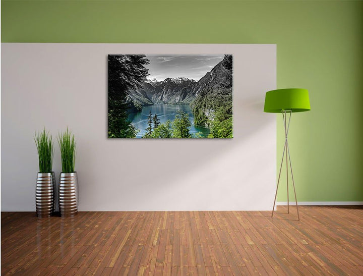 Pixxprint Blick auf den Königssee / 100x70cm Leinwandbild bespannt auf Holzrahmen/Wandbild Kunstdruc
