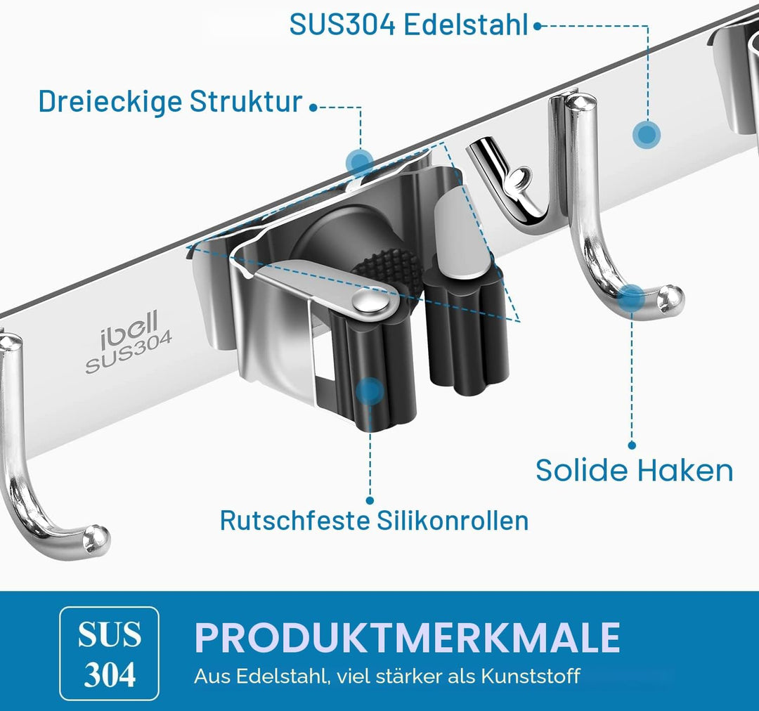 ibell 2 Stück Besenhalterung Wand, Gerätehalter Edelstahl, Besen Mop Halter Wandhalterung, Selbstkle