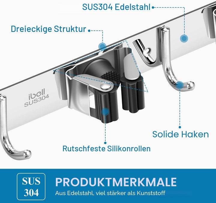ibell 2 Stück Besenhalterung Wand, Gerätehalter Edelstahl, Besen Mop Halter Wandhalterung, Selbstkle