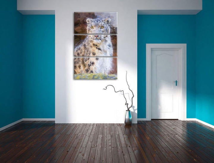 wachsame Schneeleopardin Spezial 3-Teiler Leinwandbild 120x80 Bild auf Leinwand, XXL riesige Bilder