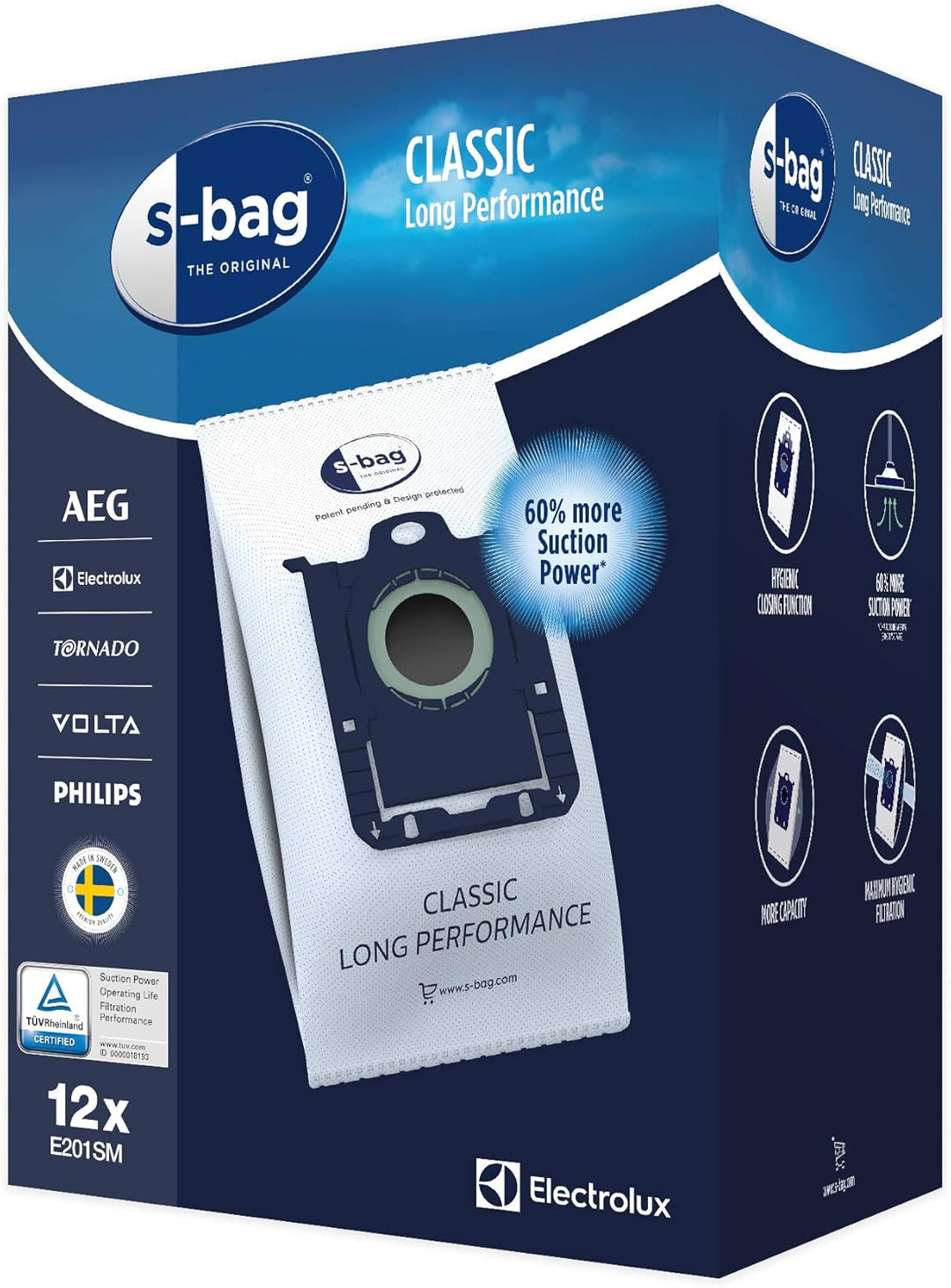 Electrolux E201SM s-bag Staubbeutel Classic Long Performance (Megapack, 12 Staubsaugerbeutel für dau