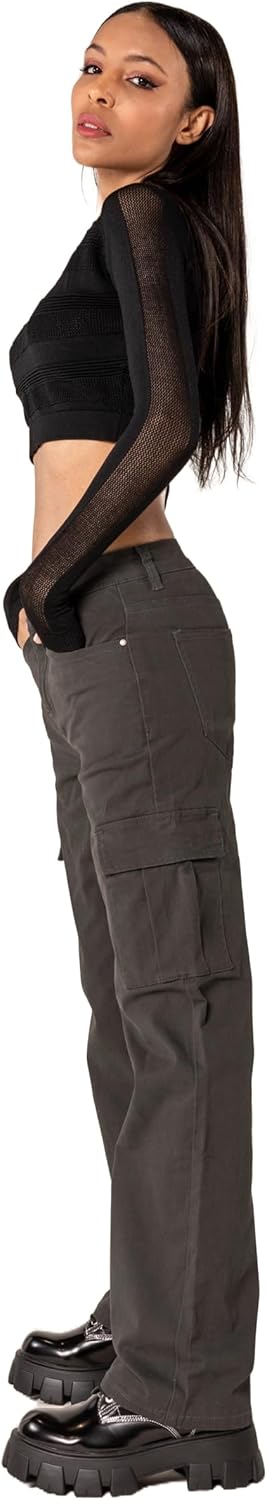 Nina Carter Q1885 Damen Cargo Jeans High Waist Cargohose Stretch Straight Leg Hose XS Dunkelgrau (Q1