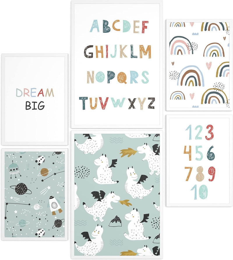 Papierschmiede® Bilder Kinderzimmer Kids Mood Poster Set ABC Dragon Space, Gerahmte Bilder fürs Kind