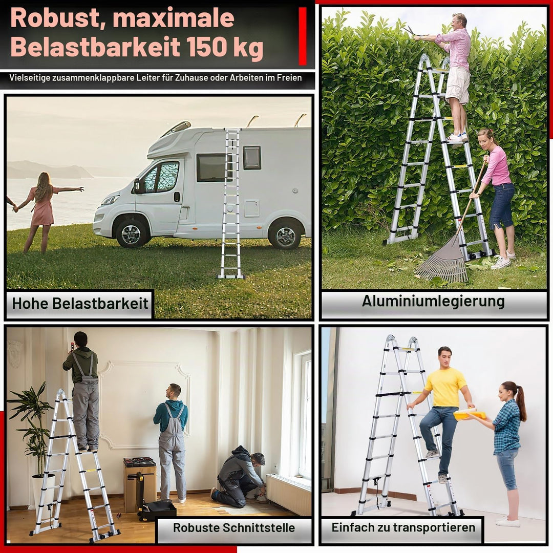 Randaco 5M (2.5+2.5) Teleskopleiter Klappleiter Aluminium, Ausziehbare Leiter, Rutschfester Aluleite