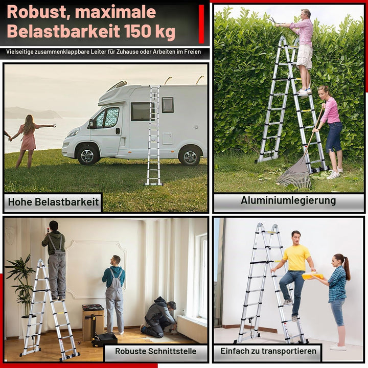 Randaco 5M (2.5+2.5) Teleskopleiter Klappleiter Aluminium, Ausziehbare Leiter, Rutschfester Aluleite