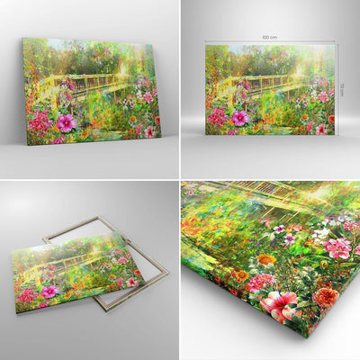 Bilder auf Leinwand 100x70cm Leinwandbild Brücke Park Blume Frühling Gross Wanddeko Bild Schlafzimme