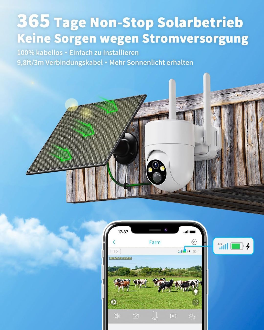 SEHMUA 3G/4G LTE Überwachungskamera Aussen mit SIM Karte, Solar IP Kamera ohne WLAN mit präziser Per