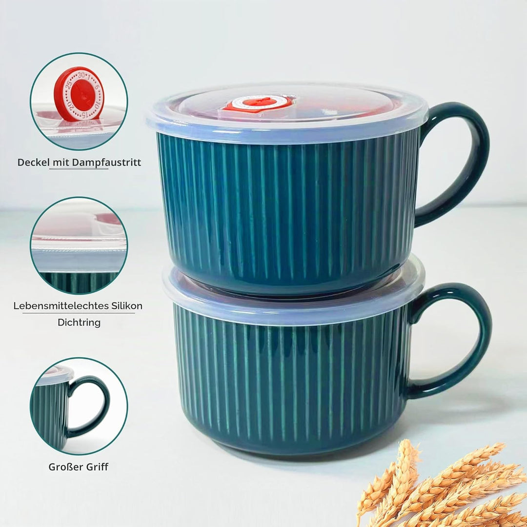 Keramik Suppenschalen mit Griff und Deckel, 750 ml Grosse Suppentasse für Suppe, Instant-Nudel, Müsl
