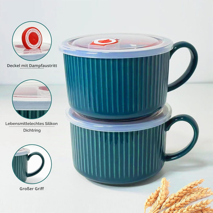Keramik Suppenschalen mit Griff und Deckel, 750 ml Grosse Suppentasse für Suppe, Instant-Nudel, Müsl