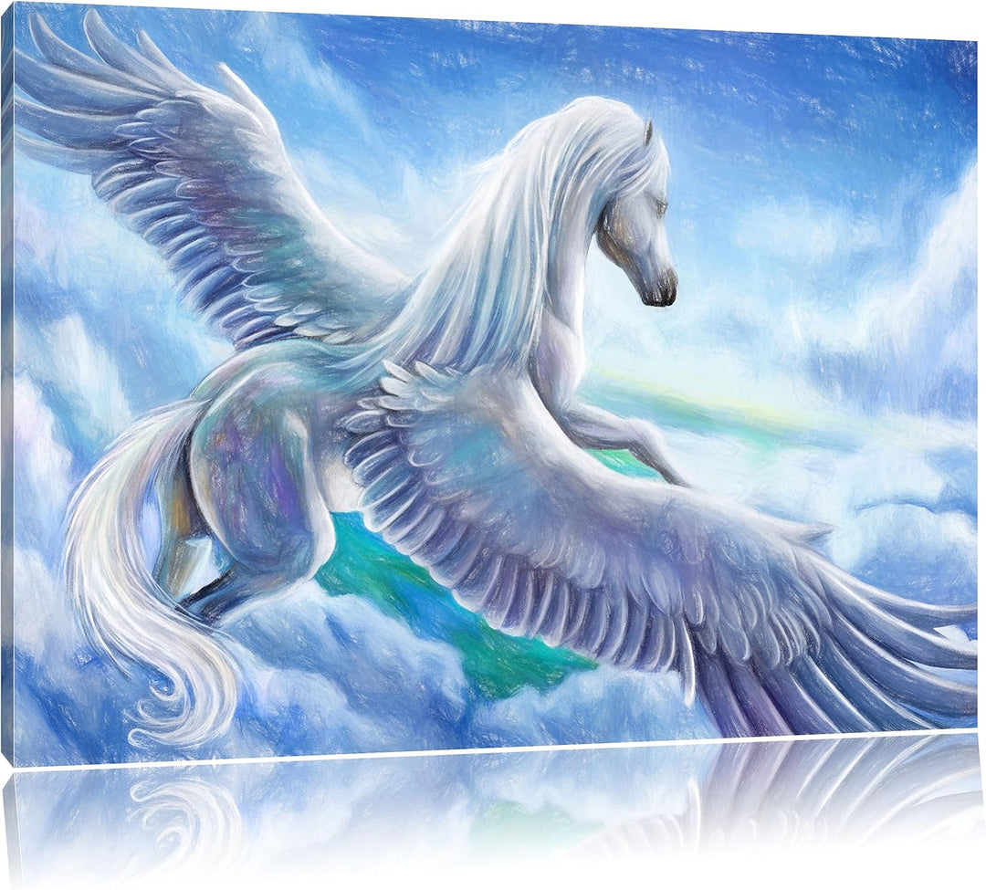 Pixxprint Pegasus fliegt über den Wolken Kunst Buntstift Effekt, Format: 100x70 auf Leinwand, 100x70