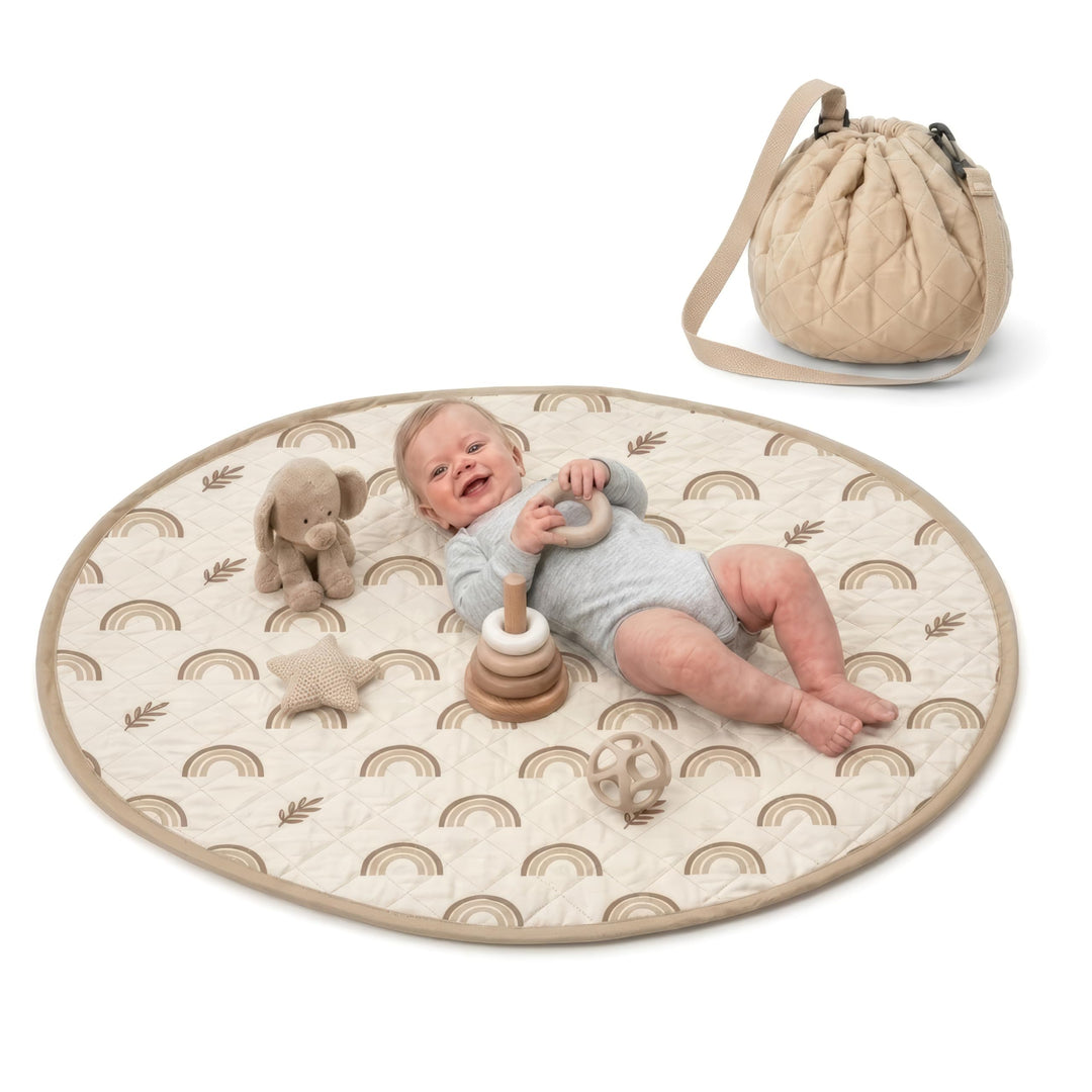 Krabbeldecke rund 110cm – Extra Weich, Dick Gepolstert, Waschbar, Schadstofffrei, Spieldecke für unt