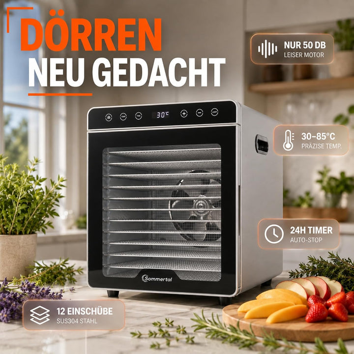 Sommertal Dörrautomat Silence 800 | 12 Edelstahl-Einschübe 800 Watt leise | 24h Timer, 30-85°C, Dehy
