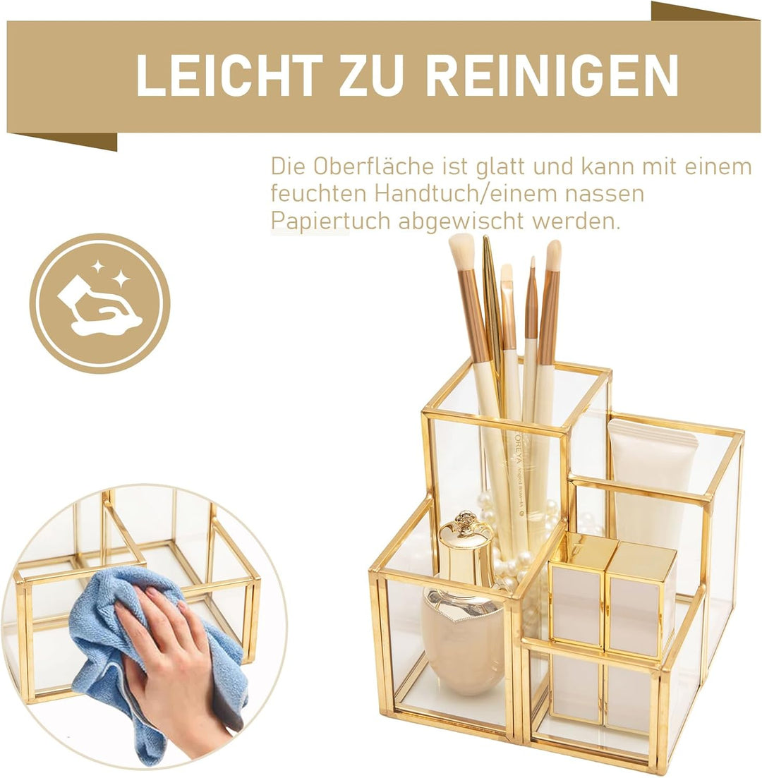 HARLIANGXY Make up Pinsel Organizer Gold, Pinselhalter Kosmetik 4 Fächer - Kosmetik Organizer Glas,