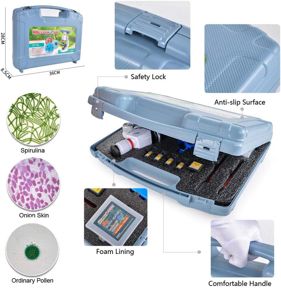 ALEENFOON Kinder Mikroskop,100x 400x 1200x Vergrösserung Wissenschaft Kinder Mikroskop Kit mit LED B