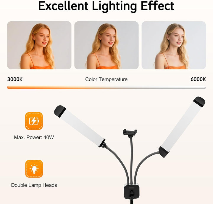 Kosmetiklampe, 3000–6500K Dimmbares LED-Doppelarmleuchte mit Stativ und Tragtasche, 220V 40W Videoli