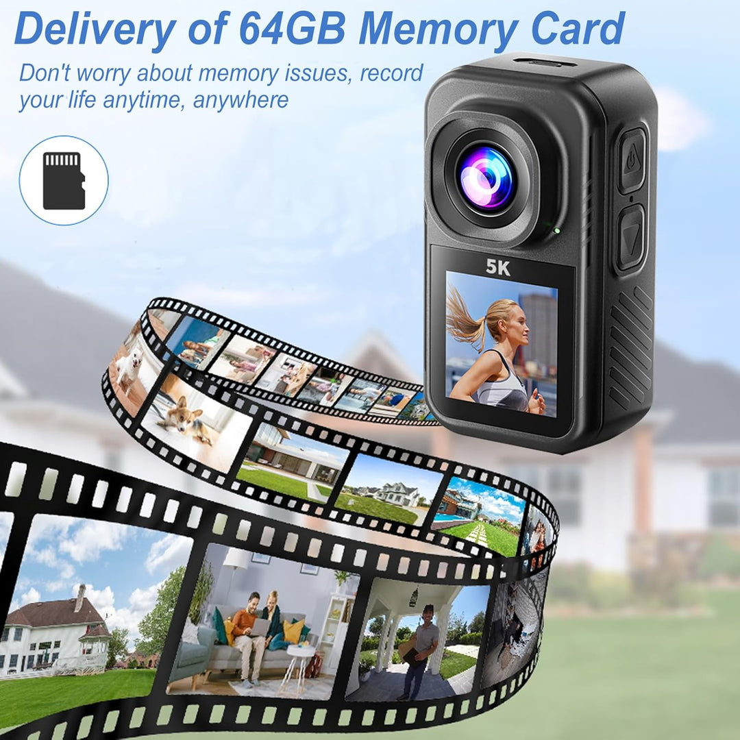 Action Cam 5K,Mini Sportkamera WiFi mit 64G Speicherkarte,Wasserdichter Körperkamera Mit Doppelseiti