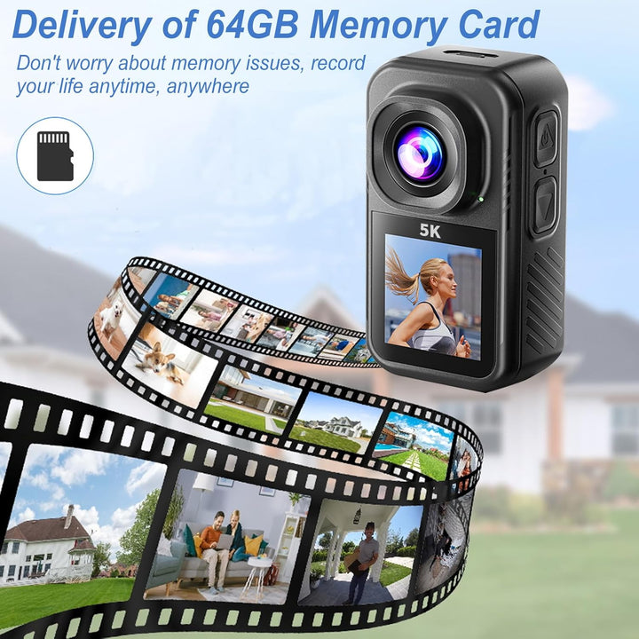 Action Cam 5K,Mini Sportkamera WiFi mit 64G Speicherkarte,Wasserdichter Körperkamera Mit Doppelseiti