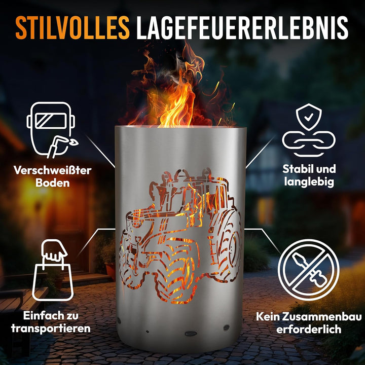TiKo-Design® Feuertonne Traktor Motiv aus Stahl – Feuerkorb Garten & Terrasse – Hochwertige Feuerste