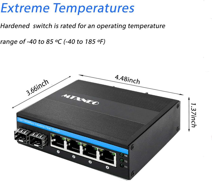 Harter 6-Port-Gigabit-Industrie-Glasfaserschalter für den Aussenbereich 2 SFP-Glasfaseranschluss und