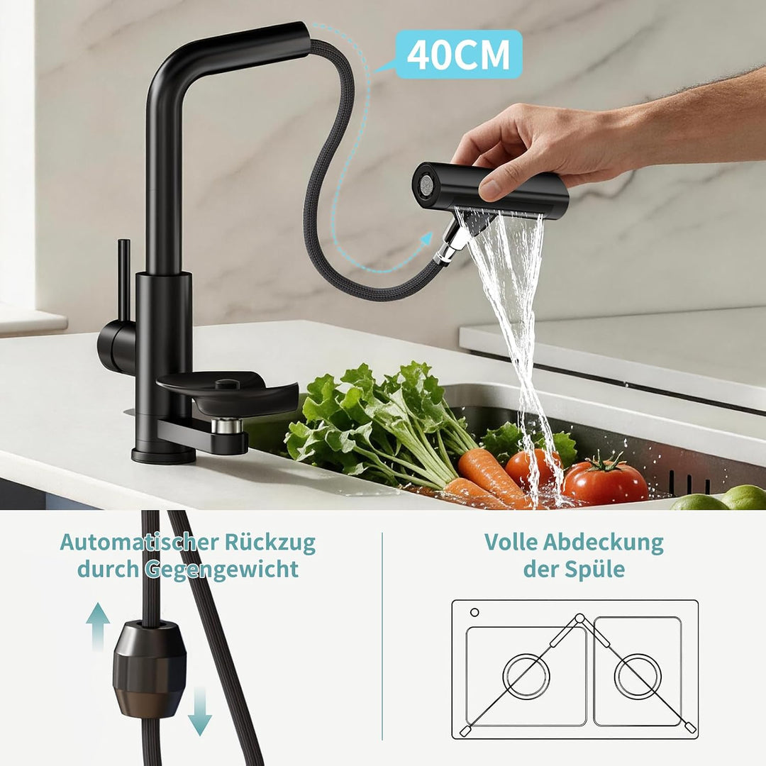 360° drehbarer Wasserhahn Küche ausziehbar mit Brause, wasserfall Mischbatterie Küche mit Gläserspül