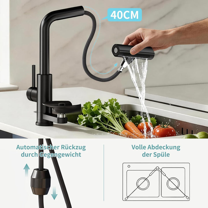 360° drehbarer Wasserhahn Küche ausziehbar mit Brause, wasserfall Mischbatterie Küche mit Gläserspül